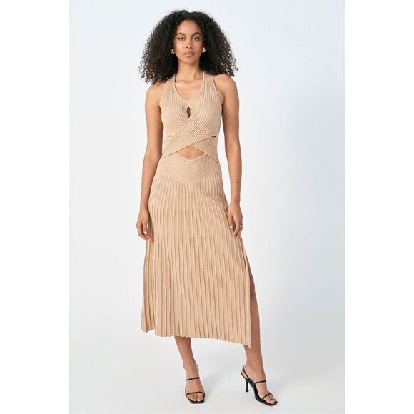 SOVERE Cleo Knit cut out details midi Dress color: Mink Size S NWT$226 - Picture 1 of 9